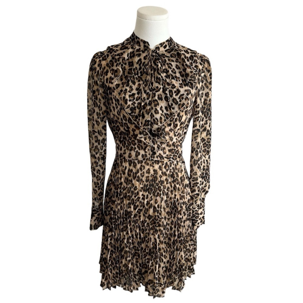 KAREN MILLEN Leopard Print Ruffle Pleated Dress size 2 Long Sleeve Mini Fall